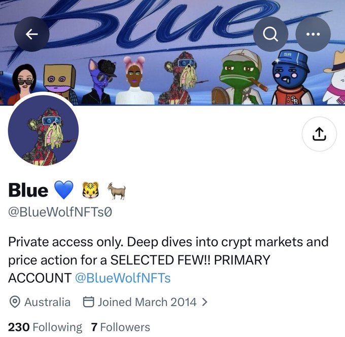 Twitter/X profile page for "Blue 💙🐯🐴" (@BlueWolfNFTs0) featuring NFT avatars, with the bio stating "Private access only. Deep dives into crypt markets and price action for a SELECTED FEW!! PRIMARY ACCOUNT @BlueWolfNFTs", 230 Following, 7 Followers, based in Australia, joined March 2014.