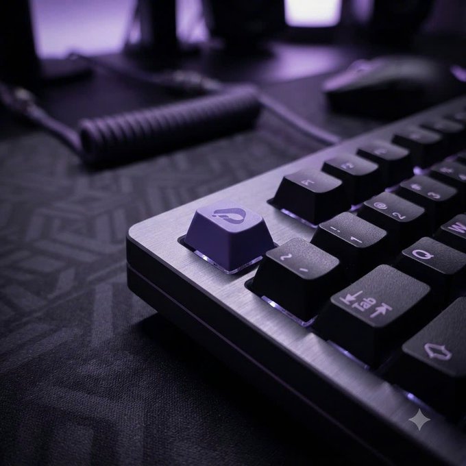 A close-up product shot of a mechanical keyboard with purple backlighting, featuring a custom 'heart' keycap on a dark textured mousepad.