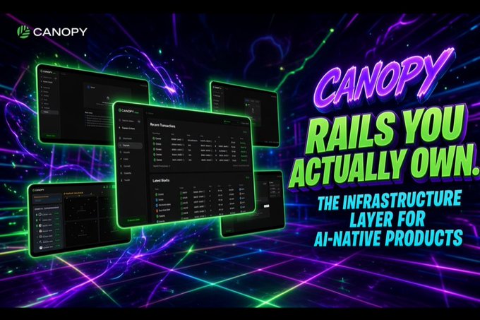 A promotional graphic for CANOPY with the tagline 'RAILS YOU ACTUALLY OWN' and 'THE INFRASTRUCTURE LAYER FOR AI-NATIVE PRODUCTS', featuring UI dashboards against a neon grid background.