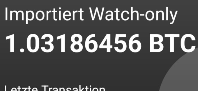 A dark-themed screenshot displays "Importiert Watch-only 1.03186456 BTC" as a header, showing a Bitcoin balance just over one full coin, with "Letzte Transaktion" (Last Transaction) beginning at the bottom. The post celebrates the achievement of accumulating one Bitcoin in under 800 days, with the screenshot serving as proof of the accomplishment.