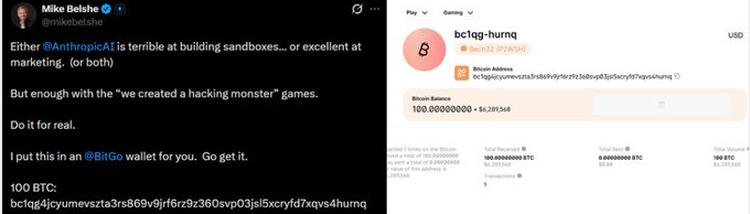 A tweet from Mike Belshe (@mikebelshe) discussing AnthropicAI and a Bitcoin test transaction of 100.00000000 BTC, alongside a Coinbase Pay interface for bc1qq-hurnq address.