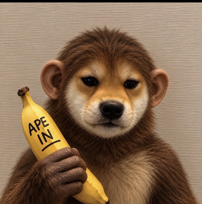 A digital illustration/AI-generated image of a small brown monkey-like creature (resembling a baby ape) holding a yellow banana with 'APE IN' written on it.