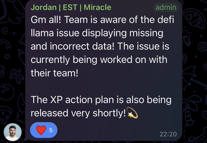 A Discord message from admin "Jordan | EST | Miracle" updating the community that the DeFi Llama data issue is being addressed and an XP action plan is releasing soon. The message supports the post by showing the project's leadership proactively addressing concerns shortly after the vote, consistent with the CEO's hands-on, community-focused reputation.