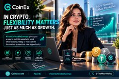 A CoinEx cryptocurrency advertisement showing a woman next to trading screens with the tagline 'IN CRYPTO, FLEXIBILITY MATTERS JUST AS MUCH AS GROWTH.'