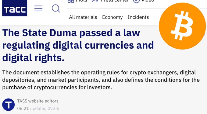 A TASS news article headline reads "The State Duma passed a law regulating digital currencies and digital rights," accompanied by a Bitcoin logo, illustrating Russia's move toward formal crypto regulation that the post contrasts with the U.S. Senate's pending Clarity Act.