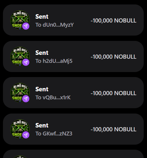 The image shows a transaction history displaying four completed sends of 100,000 $NOBULL tokens each to different wallet addresses (dUn0...MyzY, h2dU...aMj5, vQBu...x1rK, GKwf...zNZ3). This appears to support the airdrop claim post, visually demonstrating that 100,000 $NOBULL tokens are being distributed to various wallets, as promised in the "Every wallet get 100,000 $NOBULL" statement.