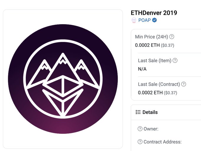 An NFT marketplace listing for 'ETHDenver 2019' POAP, showing a dark purple circular badge with a geometric mountain/diamond design, with a min price of 0.0002 ETH ($0.37).