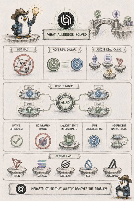 An infographic titled 'What Allbridge Solved' featuring a penguin mascot, explaining how the platform enables moving real dollars across chains like TRON, Solana, Stellar, SUI, and Algorand using VUSD.