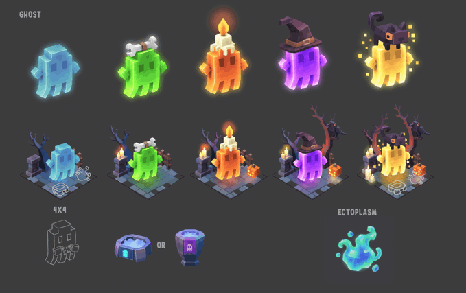 A collection of colorful voxel-style Halloween ghost designs, including blue, green, orange, purple, and witch-hat variations, with labels 'GHOST', '4X4', 'OR', and 'ECTOPLASM' visible.
