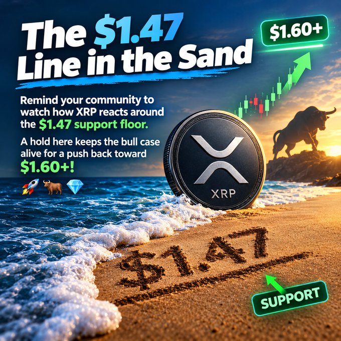 A financial graphic titled 'The $1.47 Line in the Sand' features an XRP token on a beach with '$1.47' written in the sand, promoting a price support level and a potential push to '$1.60+'.