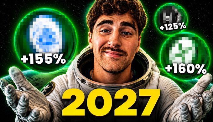 A YouTube thumbnail shows a smiling young man in a spacesuit surrounded by glowing green orbs containing pixelated Minecraft items with percentage increases (+155%, +125%, +160%) and the year '2027' in large yellow text.