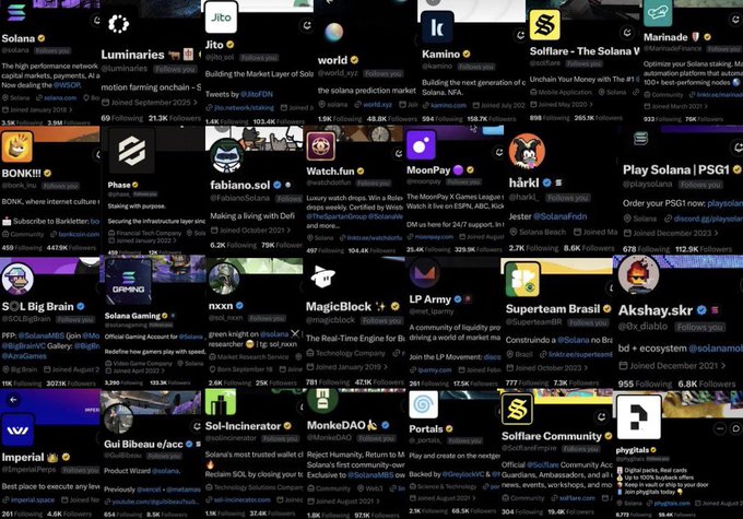 A dashboard of Solana-based crypto projects including Luminaries, Jito, Kamino, Solflare, BONK, and Play Solana, showing follower counts and platform metrics.