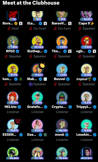 A 'Meet at the Clubhouse' interface displays a grid of user avatars with follower counts and roles including Host, Co-host, Speaker, and Listener.