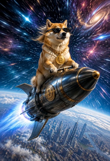 A Shiba Inu wearing sunglasses and a "D" medallion rides a rocket ship emblazoned with Dogecoin logos through outer space above Earth, capturing the "full send" energy of crypto enthusiasts blasting toward the moon.