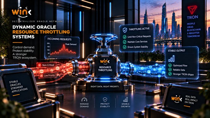 A promotional graphic for 'Wink' (WINk) on TRON, titled 'DYNAMIC ORACLE RESOURCE THROTTLING SYSTEMS', illustrating how the platform manages demand, filters non-critical and low priority requests to ensure stable output and protect the TRON ecosystem.