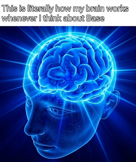 The image shows a glowing blue digital illustration of a human head with an exposed brain radiating light, captioned "This is literally how my brain works whenever I think about Base." The post relates to the meme by humorously emphasizing the poster's intense, almost overstimulated obsession with the Base ecosystem during their 277-day meme streak anticipating $BASE going live.