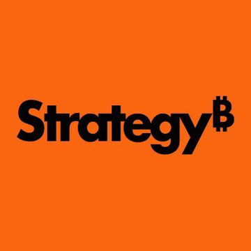 The image displays the bold black logo of "Strategy" with the Bitcoin symbol ₿ replacing the "y," set against a vibrant orange background. The post references $MSTR (Strategy's stock ticker), noting its 6.6% pre-market decline, with the logo visually representing the company at the center of this trading news.