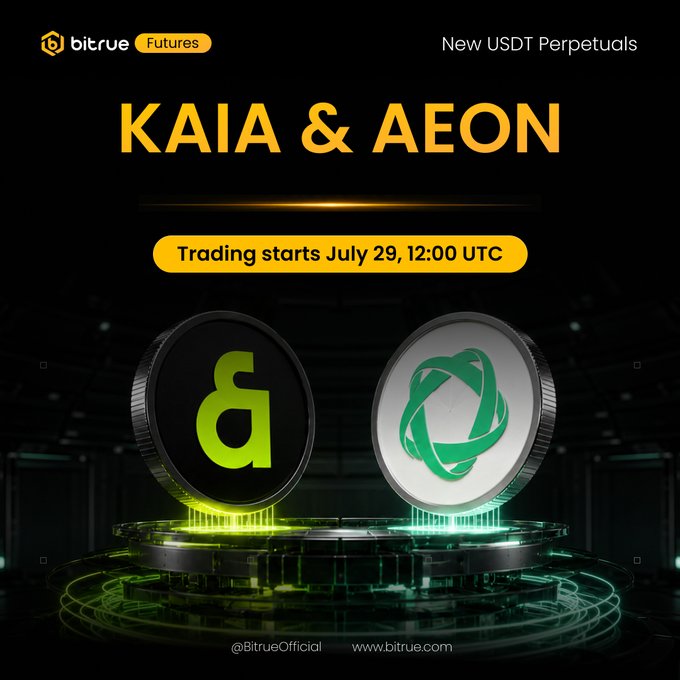 Bitrue Futures announces new USDT perpetual listings for $KAIA and $AEON, with trading starting July 29 at 12:00 UTC, featuring the two project logos displayed side by side on a futuristic platform.