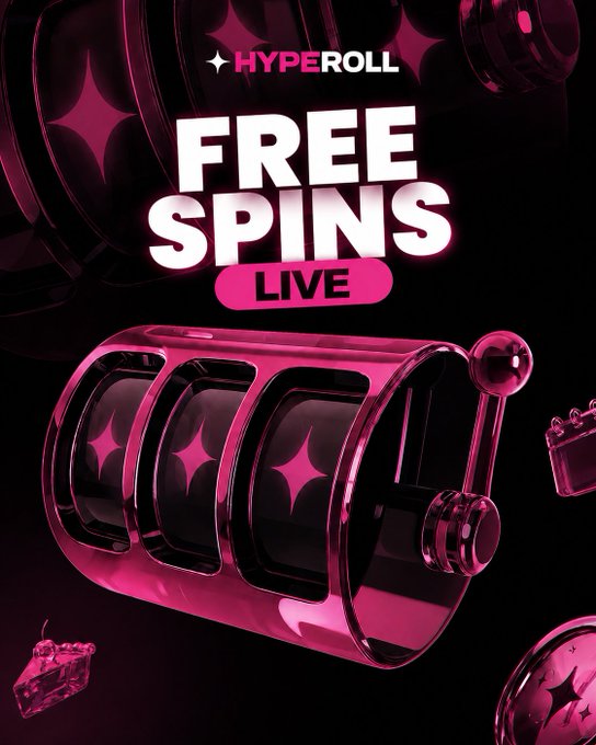 A promotional graphic for 'HYPE ROLL' advertises 'FREE SPINS LIVE' featuring a pink 3D slot machine and dice on a black background.