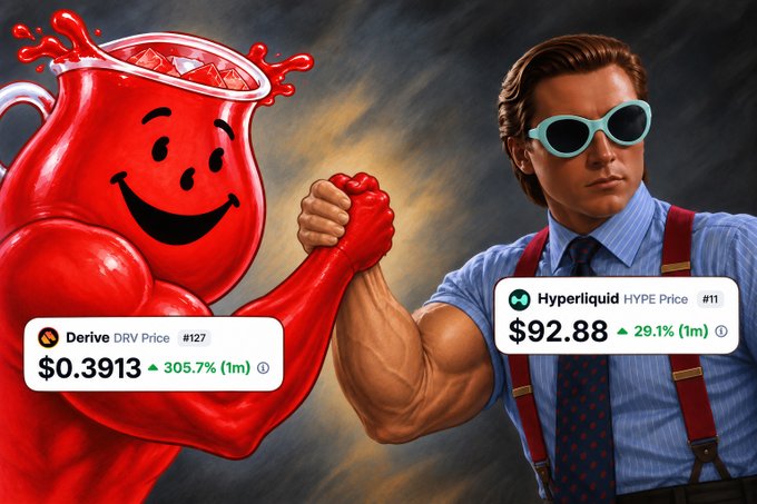 A muscular figure in sunglasses arm-wrestles a smiling red Kool-Aid Man pitcher, with on-screen tickers showing "Derive DRV Price $0.3913 ▲ 305.7% (1m)" and "Hyperliquid HYPE Price $92.88 ▲ 29.1% (1m) #11," visually celebrating the simultaneous all-time highs of both tokens highlighted in the caption.