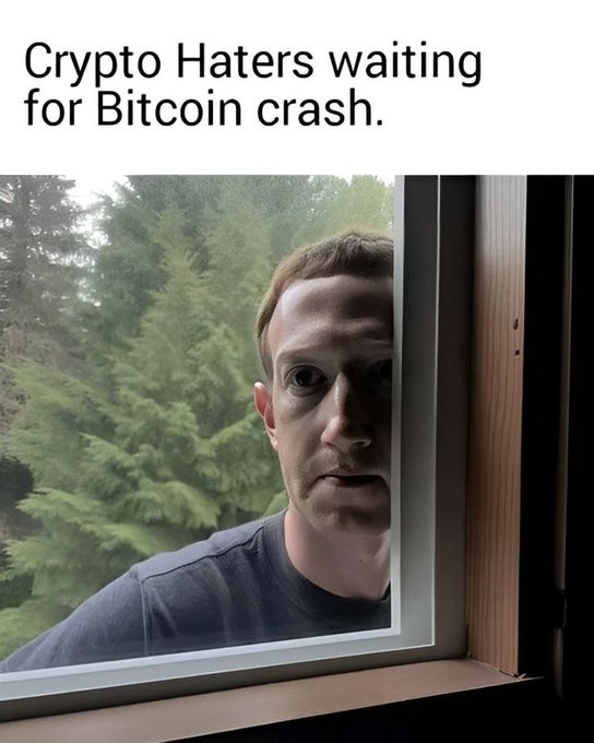 The meme features text reading "Crypto Haters waiting for Bitcoin crash" above an image of a wide-eyed man pressing his face against a window, eagerly peering out in anticipation. This pairs humorously with the post about Solana hitting $100, implying that crypto skeptics are anxiously waiting for a market crash while prices continue to climb.