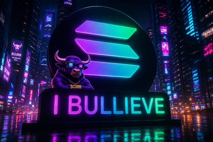 A neon-lit crypto billboard in a futuristic cityscape displays "$CURB" and "I BULLIEVE," featuring a sunglasses-wearing bull mascot beside the Solana logo, tying into the post's bullish sentiment for $SOL, $ANSEM, and $CURB.