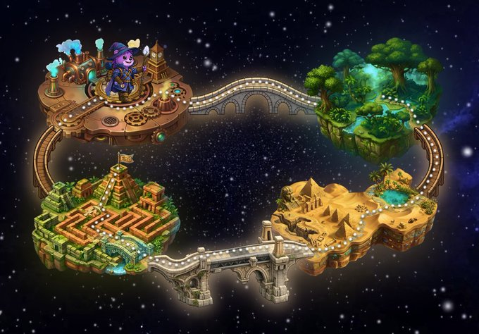 A fantasy game map showing four floating islands connected by bridges in space: a steampunk area with a wizard, a jungle island, an Aztec-style pyramid island, and an Egyptian pyramid island.