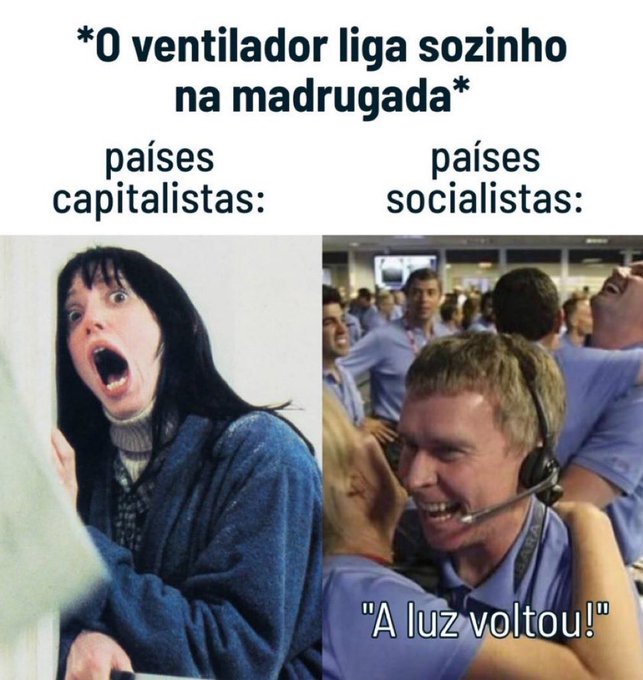 A Portuguese-language meme comparing reactions to a fan turning on by itself at night, with a shocked woman labeled "capitalist countries" versus the famous Apollo 13 mission control scene captioned "A luz voltou!" ("The power's back!") labeled "socialist countries," humorously suggesting that in socialist countries even a working fan feels like a miracle of restored electricity.