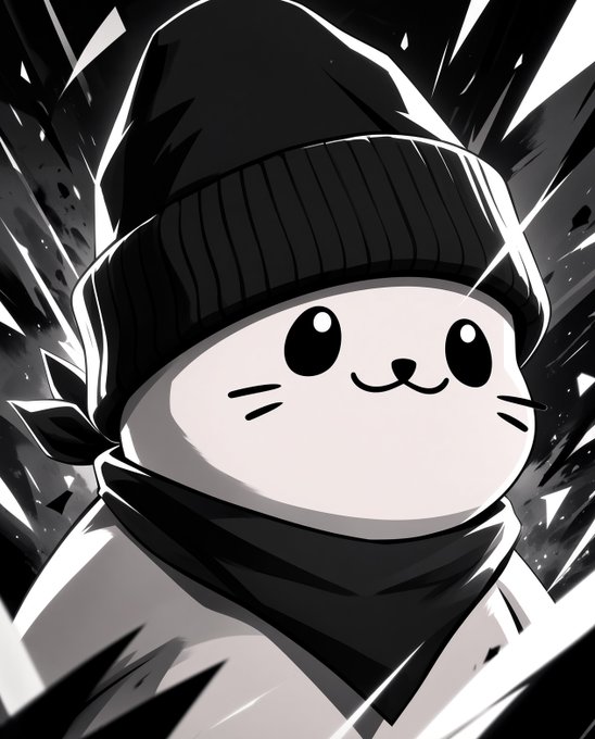 Black and white anime-style illustration of a cute, round-faced character wearing a dark beanie and scarf, set against a dynamic, shattered background.