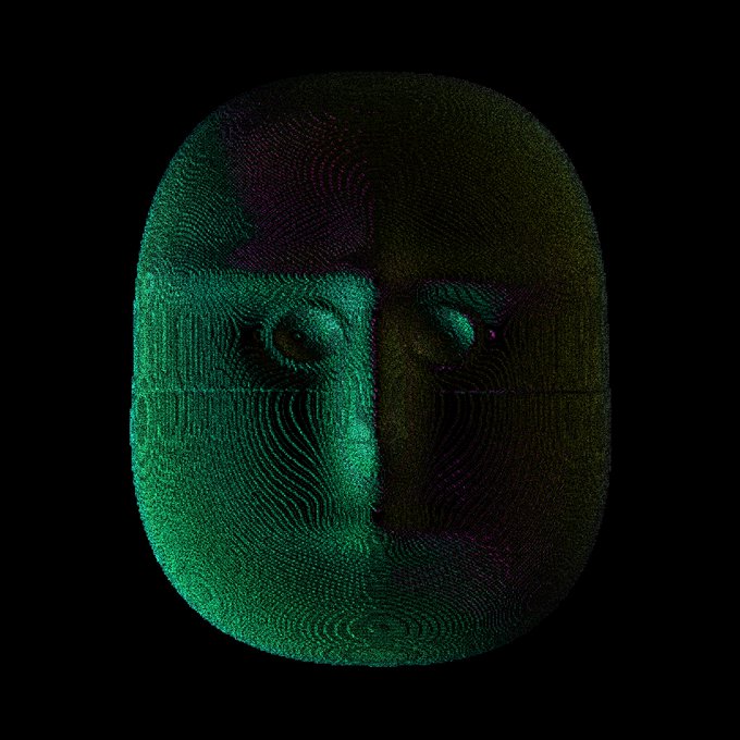 An abstract 3D rendered face constructed from point cloud data, glowing in green and purple hues against a black background.