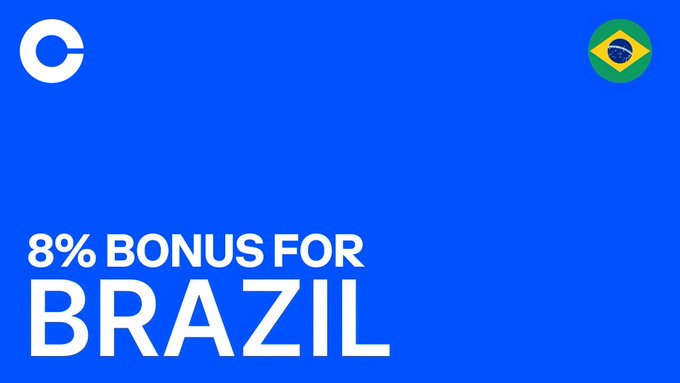 The image displays a Coinbase promotional graphic with a blue background, featuring the text "8% BONUS FOR BRAZIL" and the Brazilian flag in the upper right corner, reinforcing Coinbase's limited-time offer offering Brazilian users an 8% bonus for depositing crypto or BRL, paid in USDC until November 8.