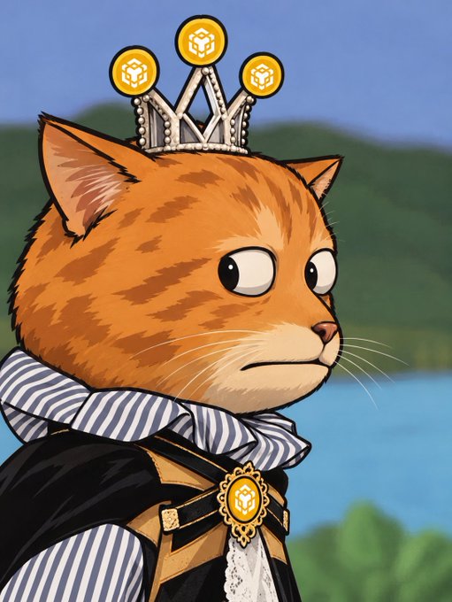 A cartoon orange cat wearing an ornate gold crown topped with BNB logos and a regal black-and-gold robe with a matching BNB medallion stands in profile against a lakeside backdrop, humorously portraying CZ as a "king" whose crown and insignia are all BNB-themed—reflecting the post's claim that CZ follows @NiannianCTO_BNB.