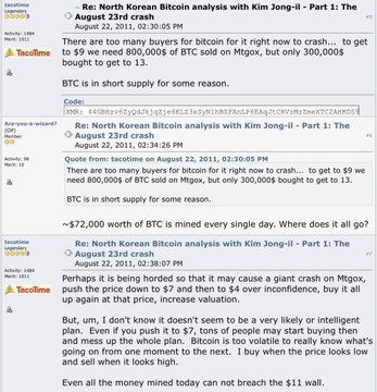 A screenshot of four consecutive Reddit comments from user "Tacocline" in the r/Bitcoin subreddit from August 21-22, 2011, discussing Kim Jong-il and North Korean Bitcoin analysis, with each comment quoting "$72,000 worth of BTC is mined every single day."