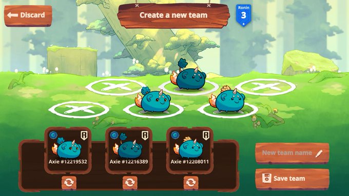 Screenshot of the "Axie Infinity" game interface on a "Create a new team" screen, showing three blue aquatic creature NFTs available to select and fields to enter a new team name and save the team.