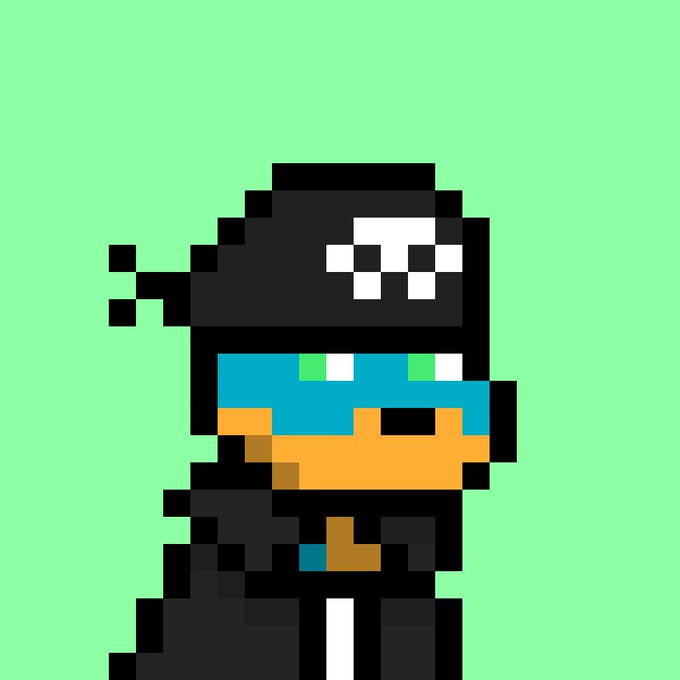 A pixel art character dressed as a ninja in black, with a white skull-like symbol on the hood and a blue and orange scarf, set against a solid green background.