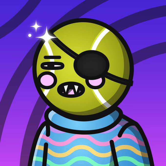 A cartoon illustration of a green tennis ball character wearing an eye patch and a colorful striped shirt against a purple background.