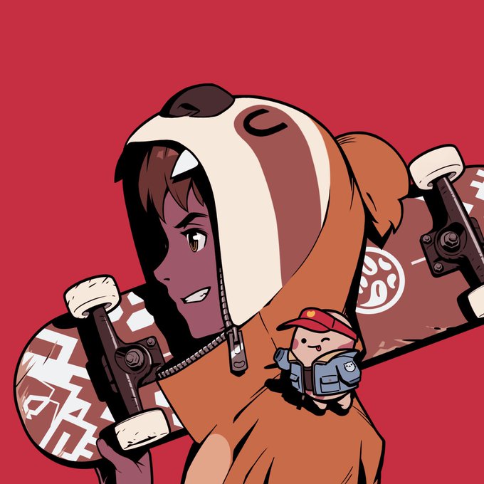 An anime-style character in an orange and white dog hoodie holding a skateboard with a small cartoon mascot pinned to the hood, all set against a deep red background that perfectly matches the "Azuki red" theme.