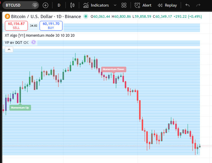 A TradingView chart of BTCUSD (Bitcoin/U.S. Dollar) on Binance's 1D timeframe showing the XT Algo Momentum Mode indicator with "Momentum Down" and "Momentum Up" signals, displaying Bitcoin's recent price decline to around $60,156 against a backdrop of significant downside momentum—visually supporting the poll's question about whether Bitcoin is forming a local bottom or facing further declines.