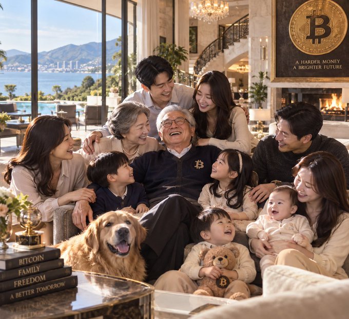 A multi-generational Korean family of ten, including elderly grandparents, parents, young children, and a golden retriever, gathers warmly in a luxurious seaside mansion. A Bitcoin logo with "A HARDER MONEY, A BRIGHTER FUTURE" is displayed in the upper right, while a stack of books reading "BITCOIN FAMILY FREEDOM A BETTER TOMORROW" sits in the foreground, visually reinforcing the caption's message that Bitcoin holdings can secure both one's retirement and future generations.