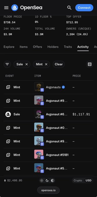 An OpenSea mobile app screenshot showing an NFT collection's floor price ($738.64), 24H volume ($3.9M), and activity feed with multiple 'Argonauts' mint and sale events.