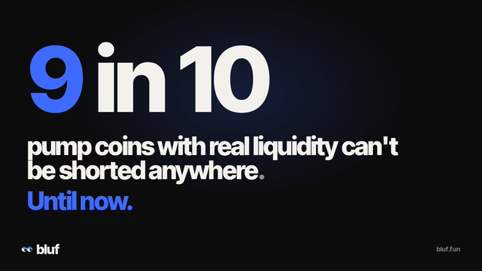 A dark promotional graphic for 'bluf' features bold text stating '9 in 10 pump coins with real liquidity can't be shorted anywhere. Until now.'