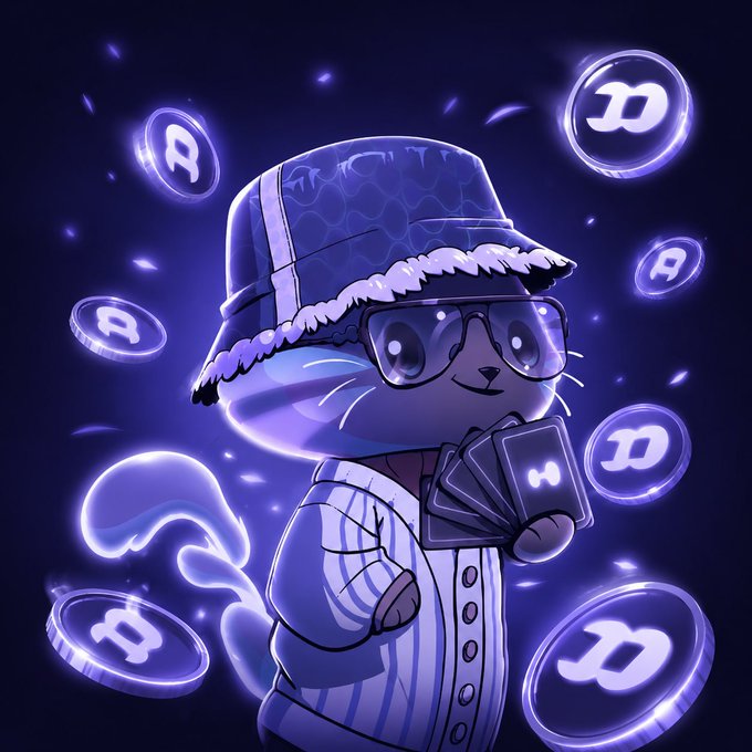 A cartoon purple cat wearing a bucket hat, glasses, and a striped shirt holds trading cards surrounded by floating cryptocurrency coins.