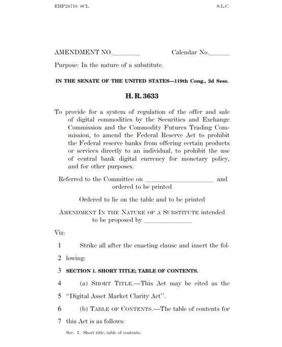 The image shows the first page of a Senate amendment to H.R. 3633, the "Digital Asset Market Clarity Act," sponsored in the 119th Congress, 2nd Session, with EHP26718 printed as the document identifier. The accompanying post appears to reference this same bill, highlighting key provisions in the draft regarding DeFi registration requirements with the CFTC.