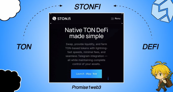 Graphic promoting 'STON.fi' for 'Native TON DeFi made simple', describing it as a swap and liquidity platform with a 'Launch dApp Now' button.