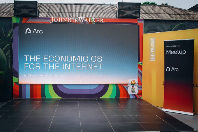 Event stage with 'Johnnie Walker' and 'Arc' branding, displaying 'THE ECONOMIC OS FOR THE INTERNET - Architect community meetups' on the screen, with a FIFA mascot visible.