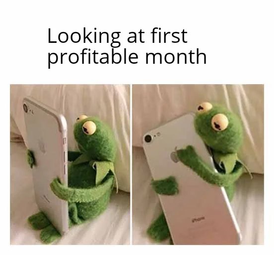 A meme featuring two photos of Kermit the Frog looking longingly at an iPhone, with the caption 'Looking at first profitable month' above the images.