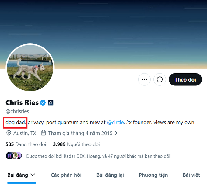 The image shows a Twitter/X profile for Chris Ries (@chrisries), a self-described "dog dad" (highlighted in red) working in privacy, post quantum, and MEV at Circle, with 585 following and 3,989 followers, based in Austin, TX. The post's reference to a potential "dog wave" ties in with Chris Ries's self-identification as a dog dad, suggesting the tweet may be referencing his love of dogs or his own pet featured in his profile picture.