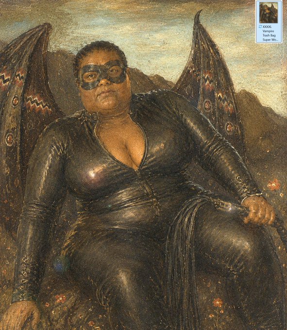 A classical-style painting of a plus-sized Black woman wearing a black leather catsuit, mask, and bat-like wings, with a '$4,000 Verogirl Trash Bag Super Mo...' tag in the corner.