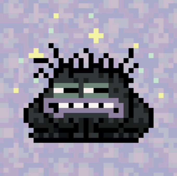 A pixel art illustration of a dark, menacing character with a jagged crown and glowing eyes against a pastel background with star shapes.