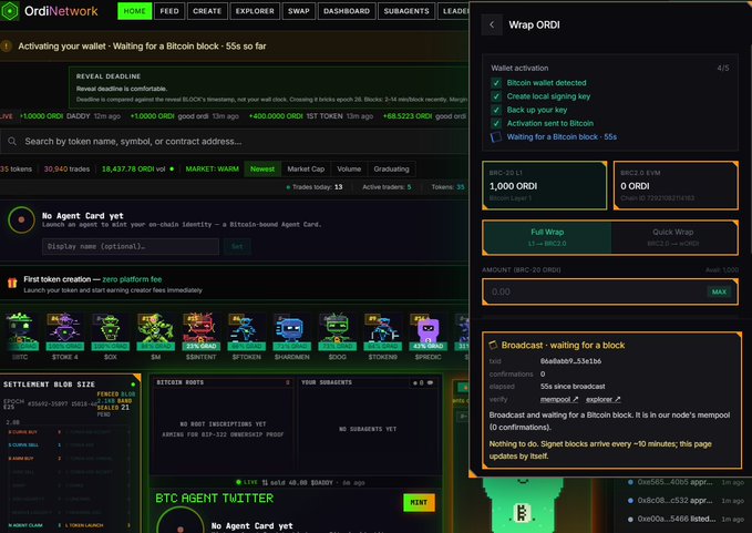 The image shows the OrdiNetwork testnet dashboard, featuring an active wallet awaiting a Bitcoin block (-55s so far), a "Wrap ORDI" panel on the right with Bitcoin wallet detection confirmed and a broadcast pending confirmation for 1,099 ORDI (worth ~$0). It displays 35 active tokens including BITCO, STRIKE 4, GEMRUSH, and EPILEPSY with various market metrics, illustrating the new Bitcoin-based second-layer trading platform described in the post.